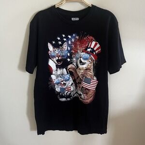 Men's Patriotic Cats 4th Of July Short Sleeve Black Shirt Size L Graphic America